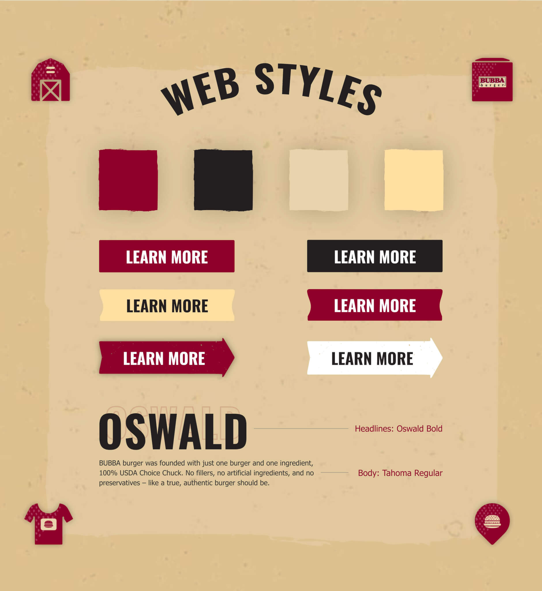 Bubba Burger web style guide with colors, buttons, type, and illustrative icons