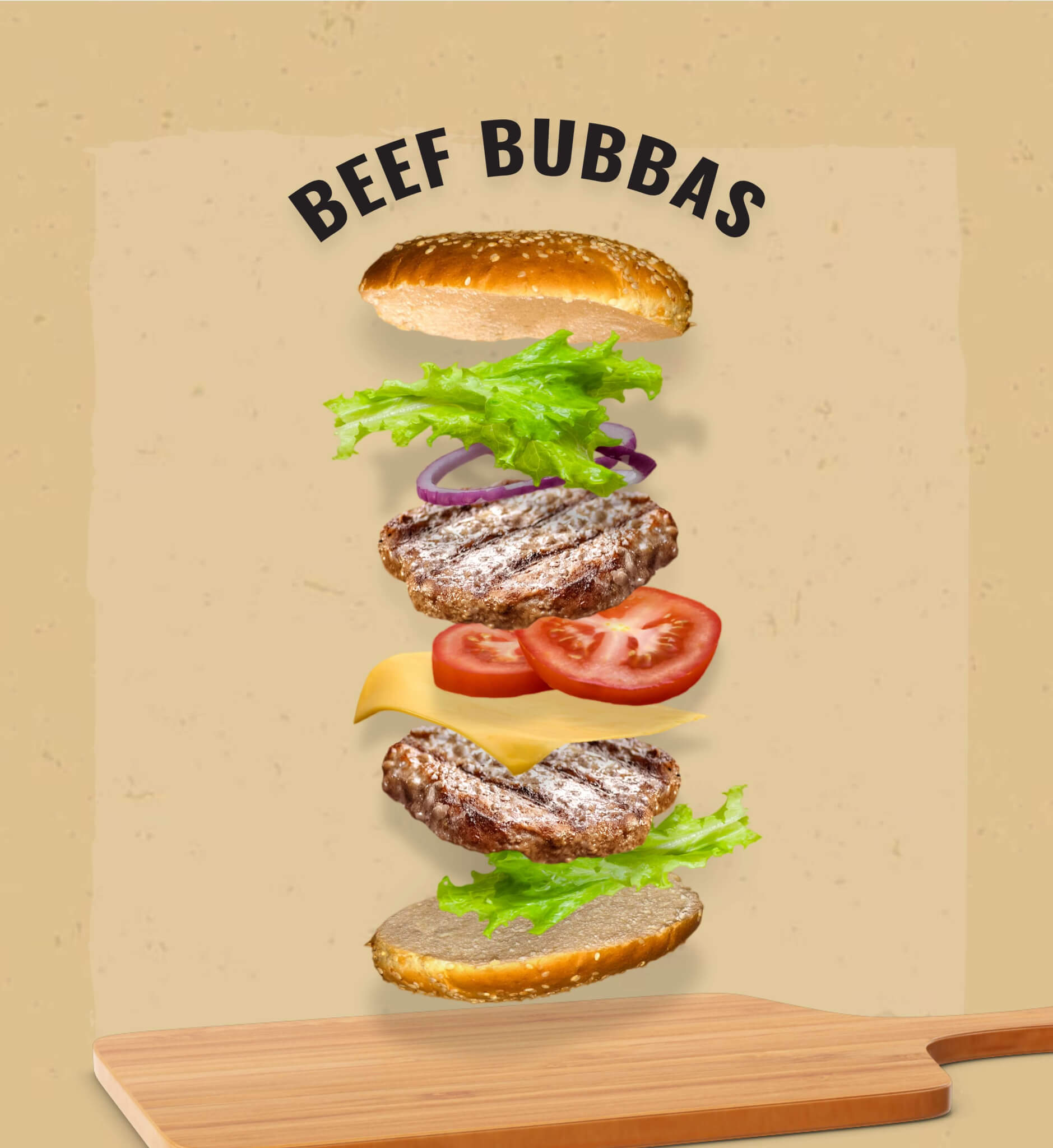 An exploded Bubba burger composition with ingredients floating over a cutting board