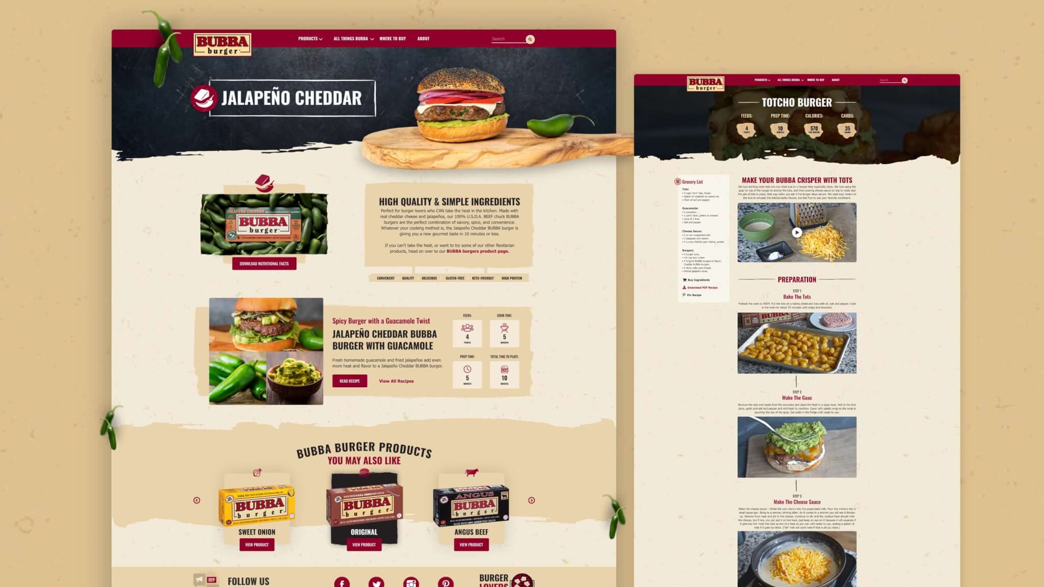 Bubba Burger product and recipe pages displayed side by side