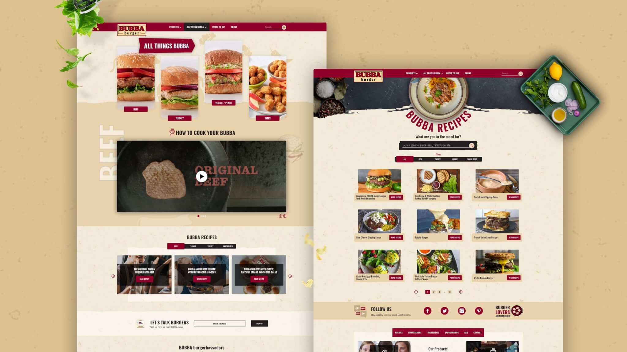 Bubba Burger product, cooking, and recipe pages shown together