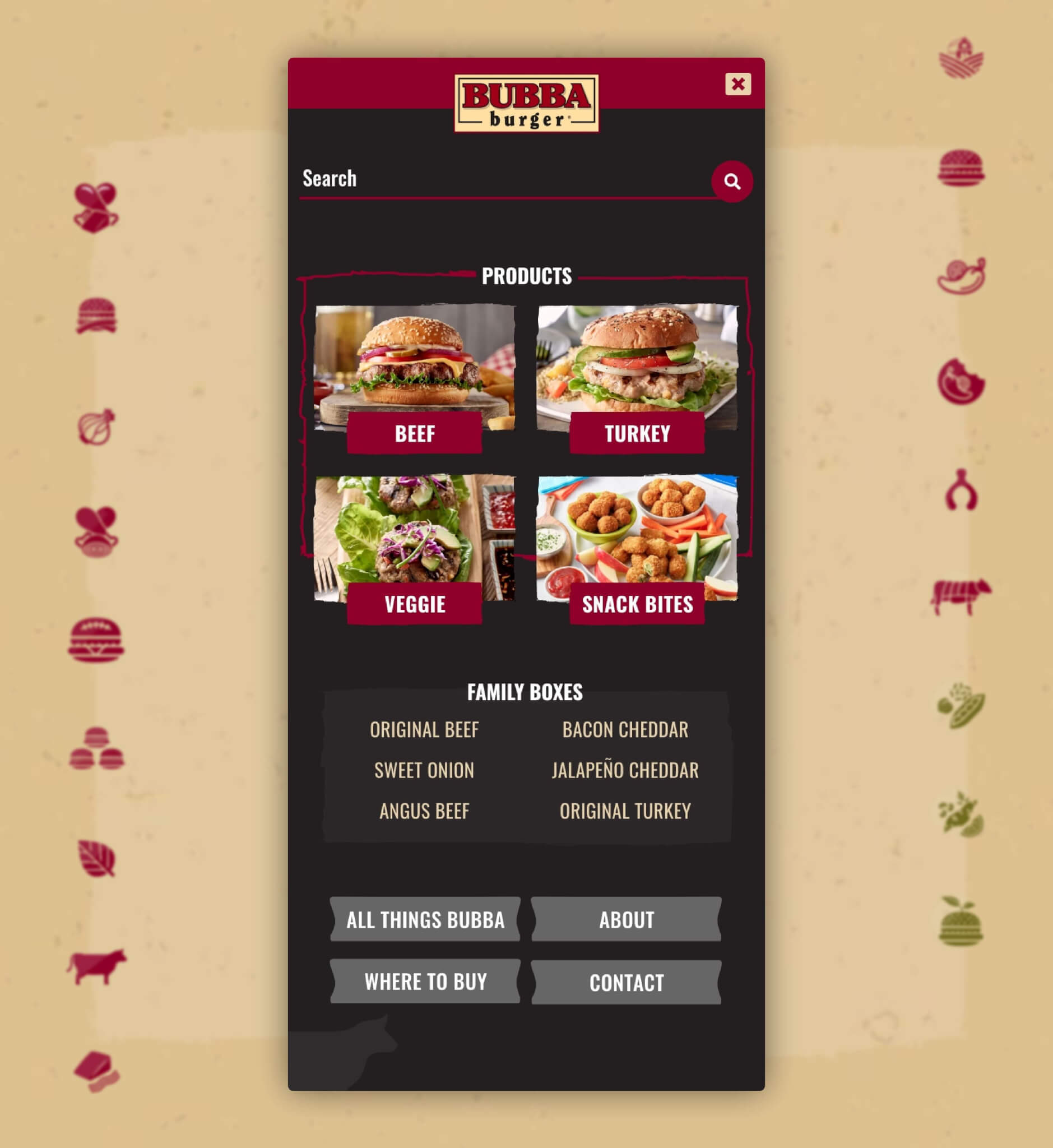 Bubba Burger mobile navigation with visual product categories