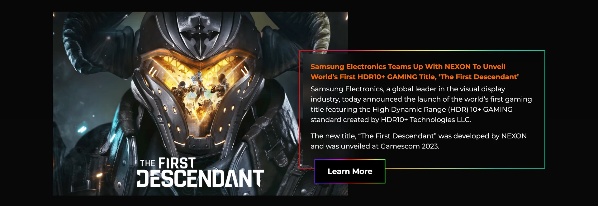 The announcement module on the live page: The First Descendant key art beside a card headlined Samsung Electronics Teams Up With NEXON To Unveil World's First HDR10+ GAMING Title, with a short summary and a Learn More button.
