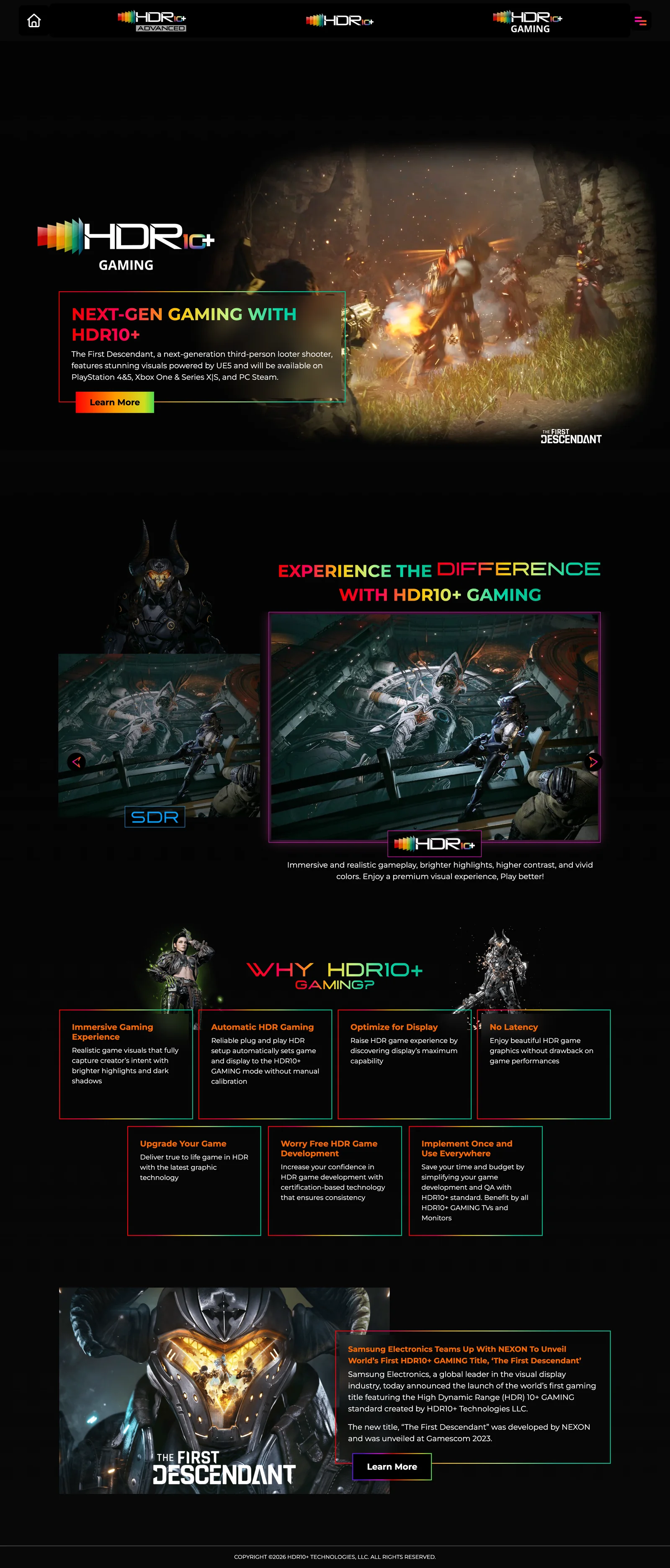 Full desktop page: the HDR10+ Gaming hero over gameplay, the SDR and HDR10+ comparison beside a character, the Why HDR10+ Gaming grid with four benefit cards over three, and the Samsung and NEXON announcement card beside The First Descendant key art.