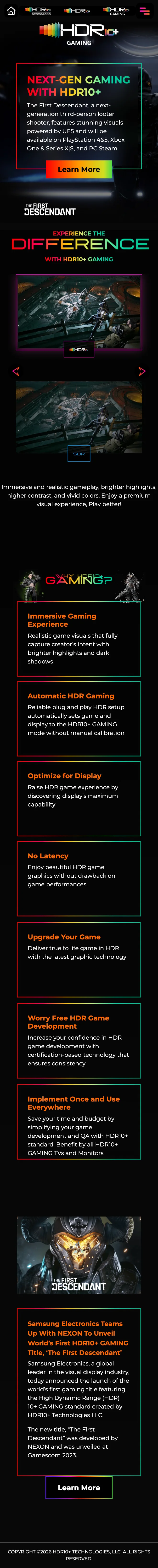 Full mobile page: a compact hero, the comparison stacked with HDR10+ above SDR, the benefit cards in a single column, and the announcement card below the key art.