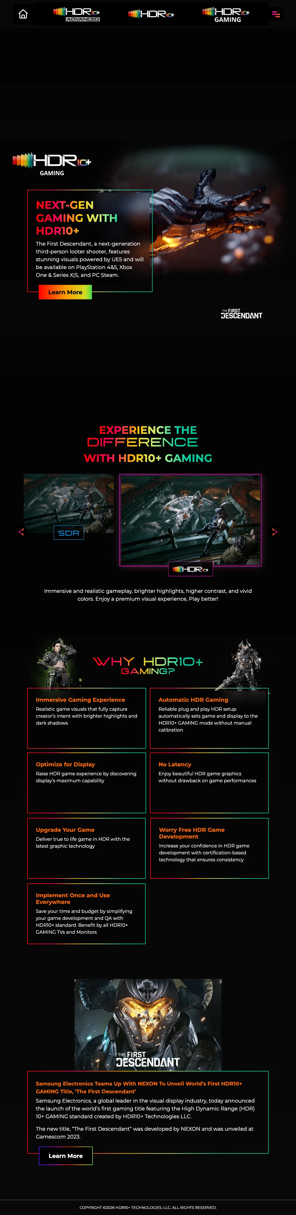 Full tablet page: the hero with a stacked headline panel, the comparison carousel with SDR and HDR10+ side by side, the benefit cards in two columns, and the announcement card stacked under the key art.