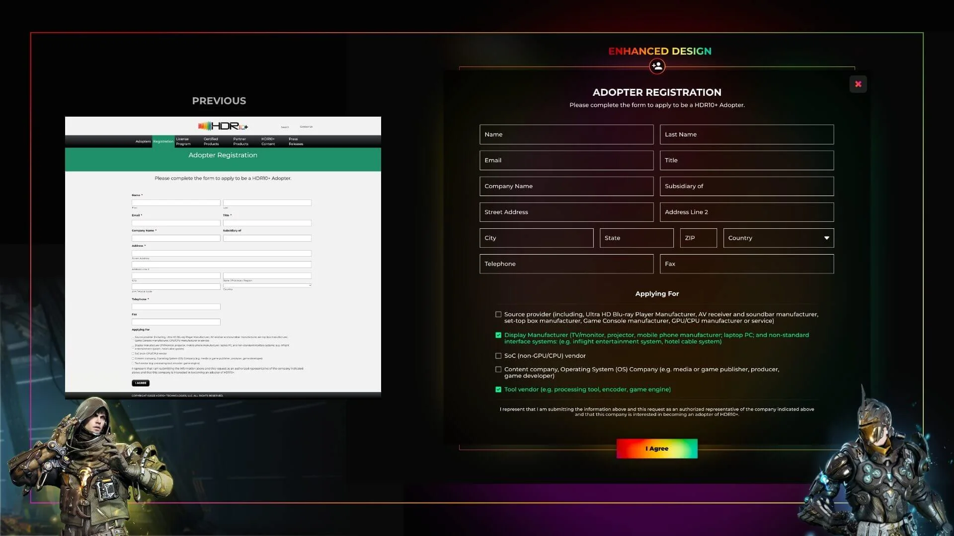 The adopter registration form before and after: a plain white form on the left, and the redesigned dark form with outlined fields, checkboxes, and a gradient 'I Agree' button on the right.