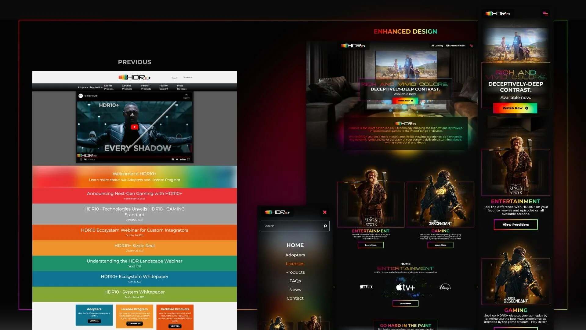 Side-by-side comparison: the previous HDR10+ homepage with a white header and stacked colored news bars, next to the redesigned dark homepage and mobile screens with cinematic imagery and glowing gradient accents.