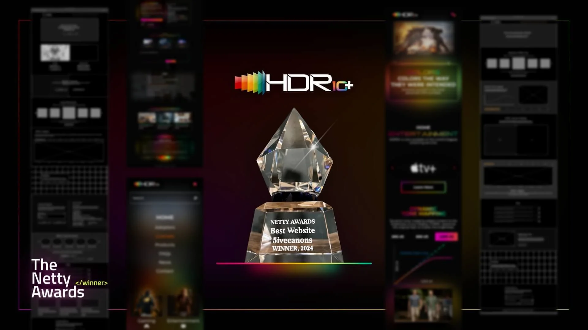 A crystal Netty Awards trophy engraved 'Best Website, 5ivecanons, Winner 2024', shown under the HDR10+ logo.