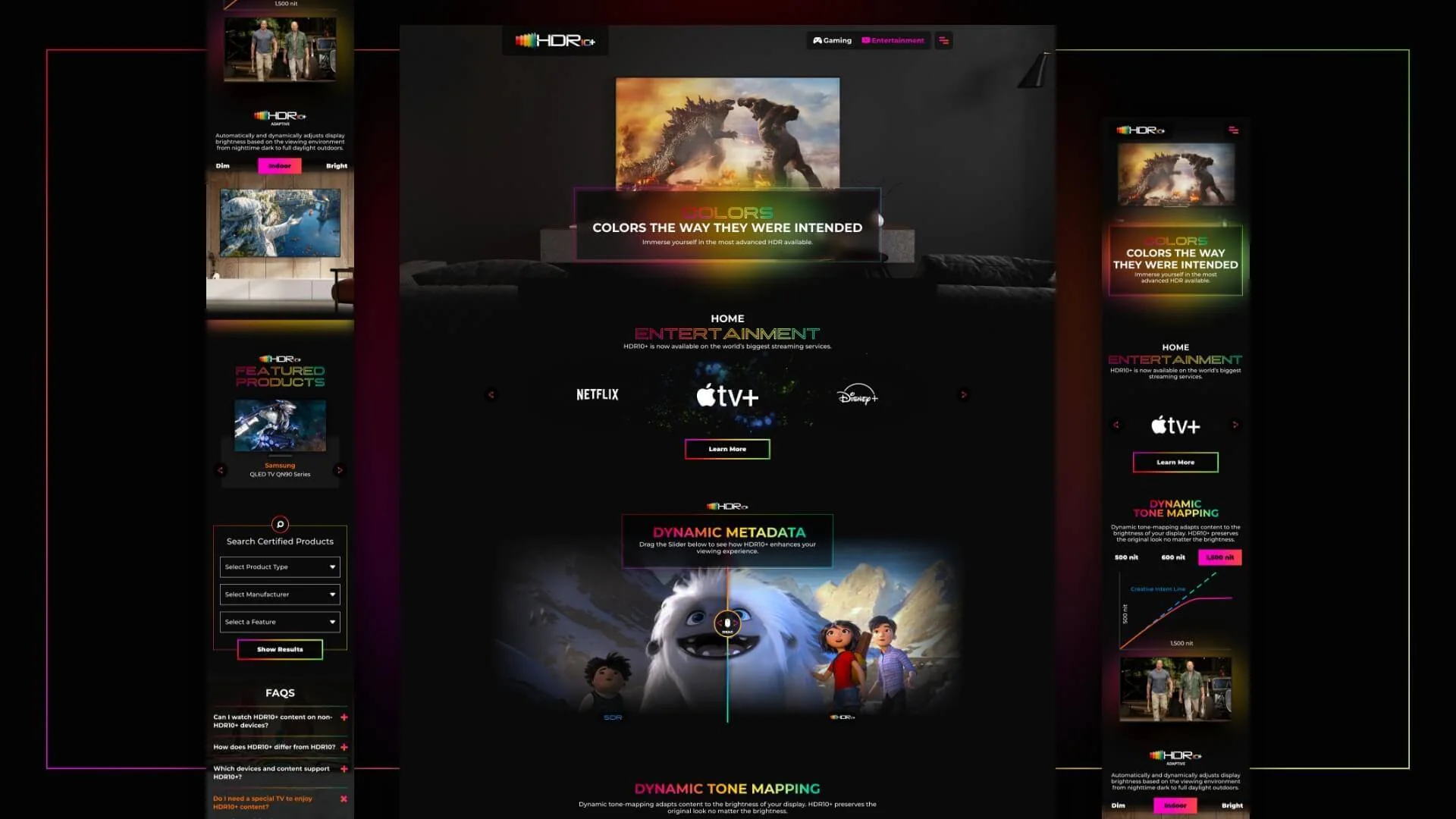 The HDR10+ site on desktop flanked by two mobile screens, showing the Dynamic Metadata comparison slider, tone mapping chart, certified product search, and FAQ accordion.