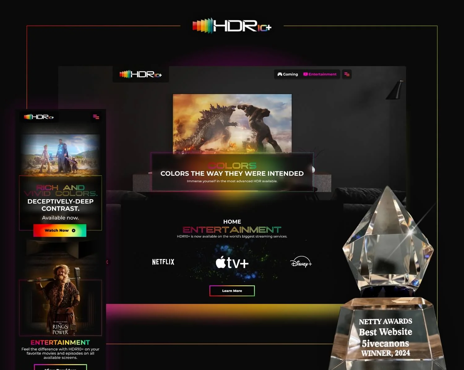 The HDR10+ website shown on desktop and mobile: a dark, cinematic homepage with a 'Colors the way they were intended' headline, streaming partner logos, and a crystal award trophy in the foreground.