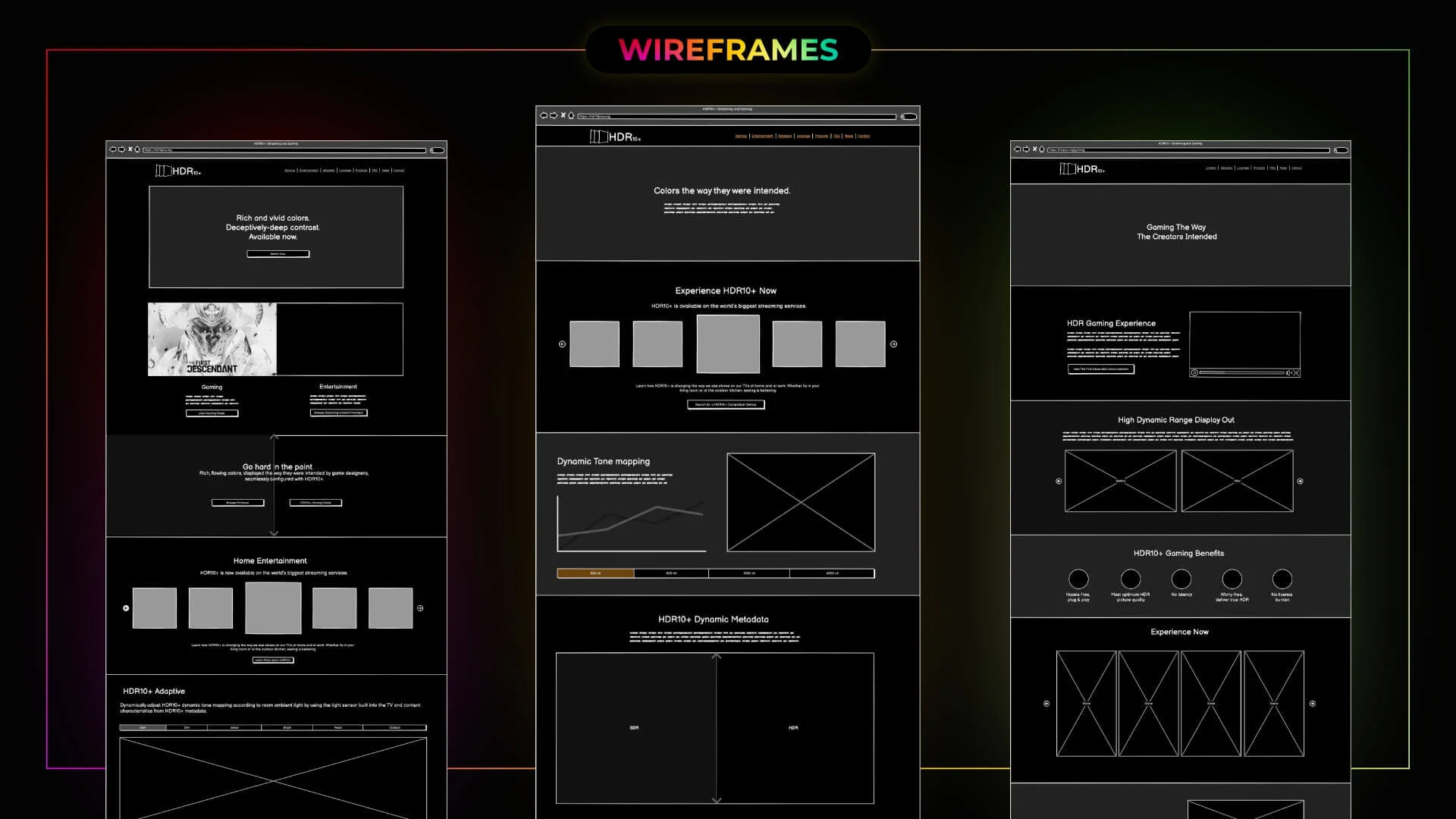 Three grayscale wireframes of HDR10+ pages showing layout blocks for the hero, streaming carousel, tone mapping, dynamic metadata, and gaming benefits.