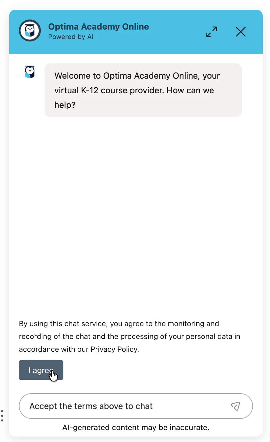 The chat window before the first message: a welcome from Optima Academy Online, a notice that by using the chat the visitor agrees to monitoring and recording and to processing under the Privacy Policy, an I agree button, and a disabled input reading Accept the terms above to chat.