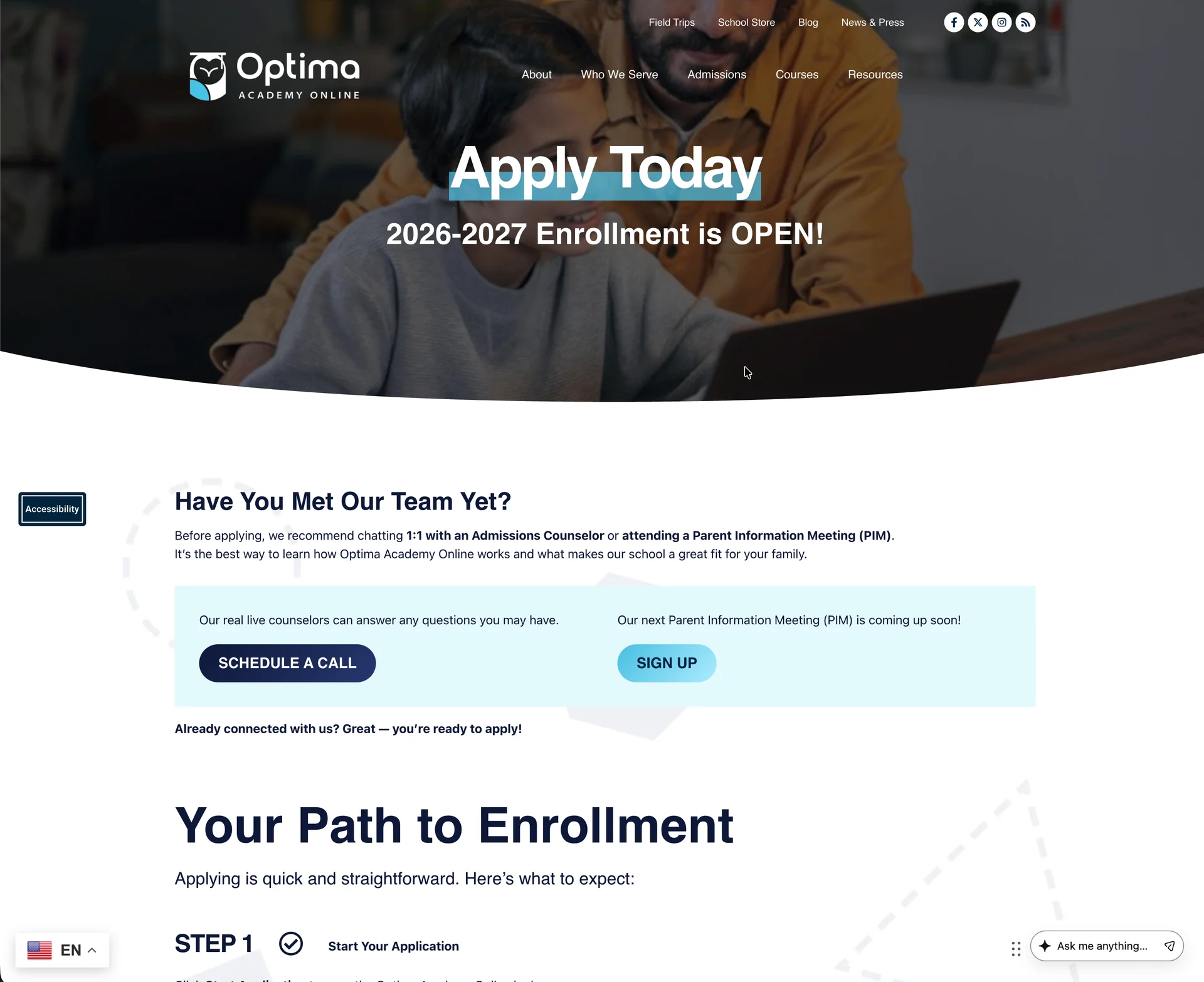 The Apply Today page: 2026-2027 Enrollment is Open, a Have You Met Our Team Yet panel with Schedule a Call and Sign Up buttons for a Parent Information Meeting, and the start of Your Path to Enrollment.