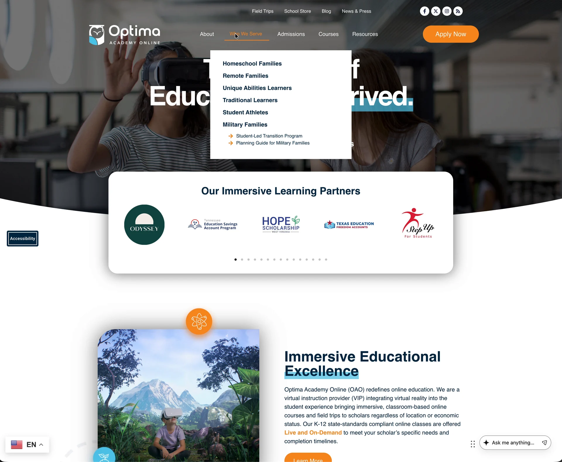 The Who We Serve menu open over the homepage hero, listing Homeschool Families, Remote Families, Unique Abilities Learners, Traditional Learners, Student Athletes, and Military Families, with links to a Student-Led Transition Program and a Planning Guide for Military Families.