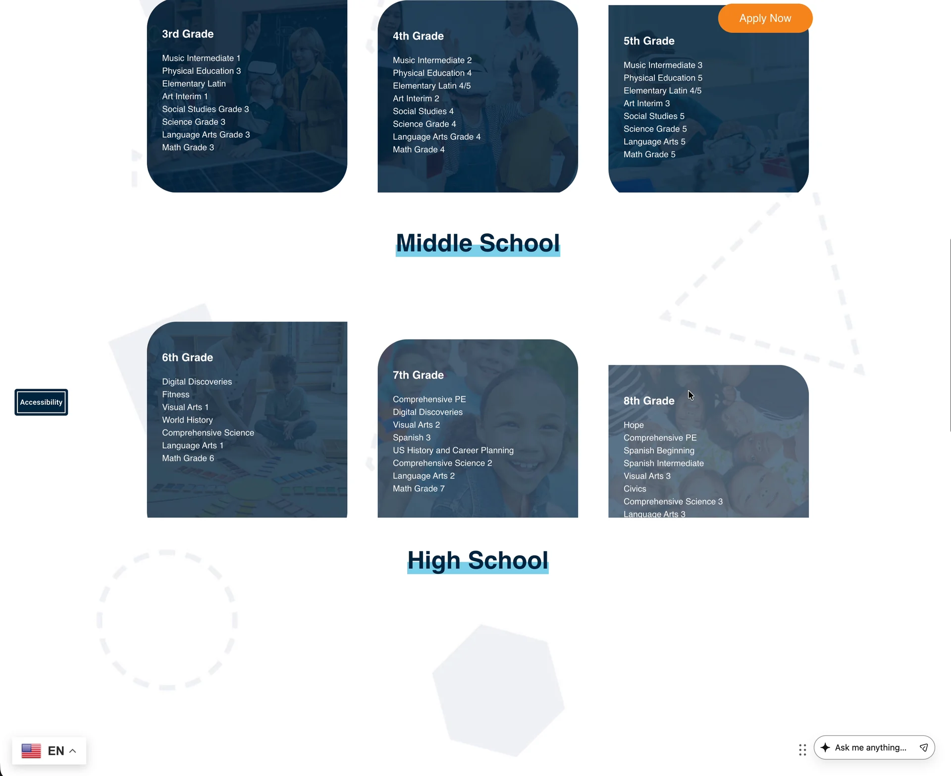 Course cards for sixth, seventh, and eighth grade under Middle School, with High School cards below, each listing subjects.