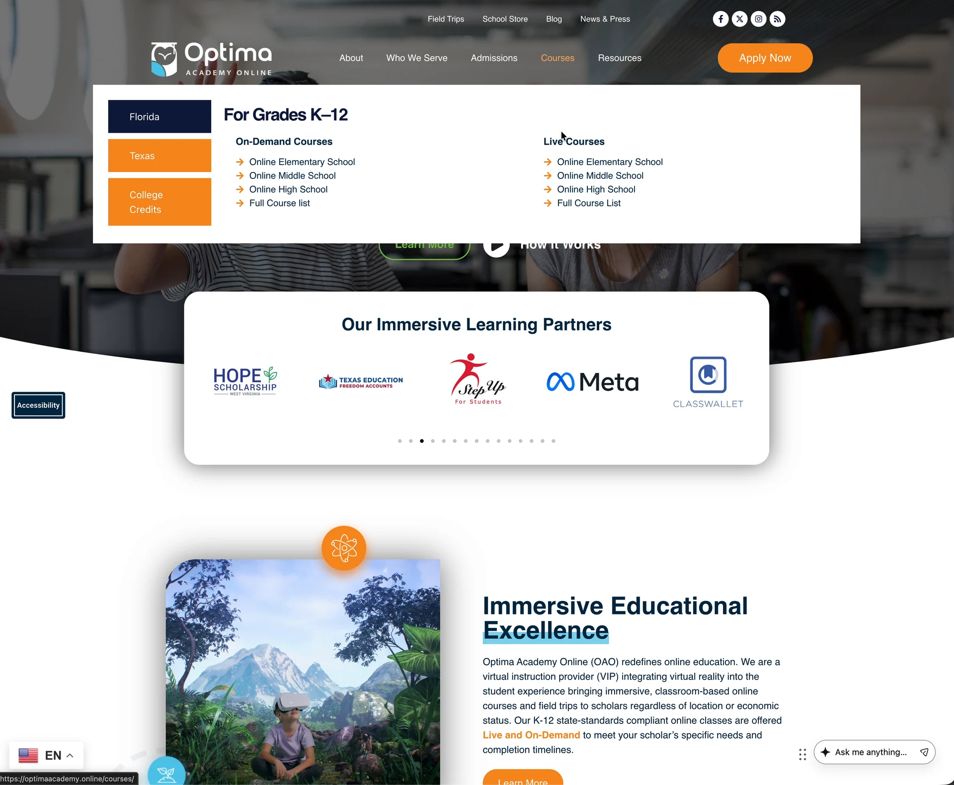 The Courses mega menu with Florida selected: For Grades K-12, On-Demand Courses and Live Courses columns each listing Online Elementary, Middle, and High School and a Full Course List, with Texas and College Credits tabs on the left.
