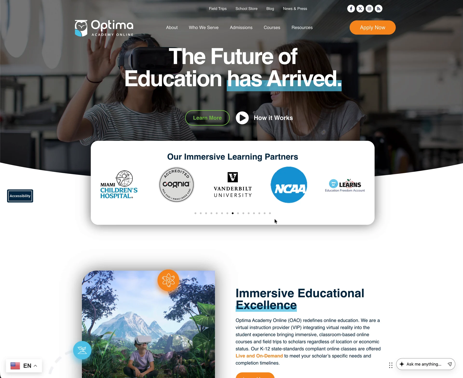 The Optima Academy Online homepage: navigation with Apply Now, the hero headline The Future of Education has Arrived over students using VR headsets, a partner logo carousel including Miami Children's Hospital, Cognia, Vanderbilt University, NCAA, and LEARNS, and the Immersive Educational Excellence section.
