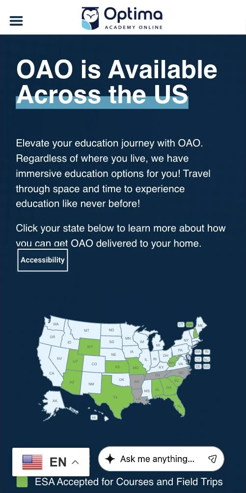 Mobile view of OAO is Available Across the US with introductory copy and the state map scaled to the screen width.
