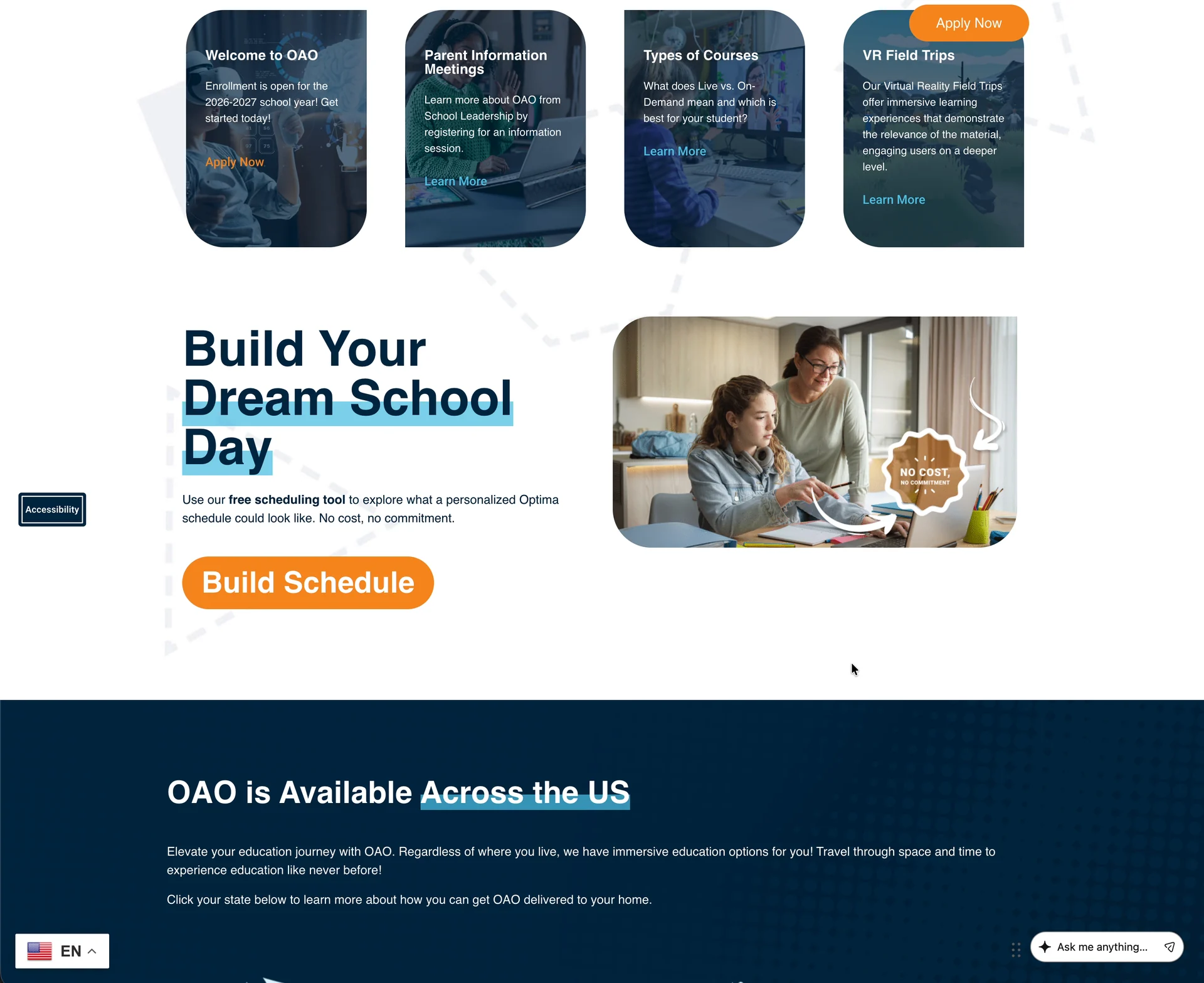 Start Learning cards above a Build Your Dream School Day section describing a free scheduling tool, with a Build Schedule button.