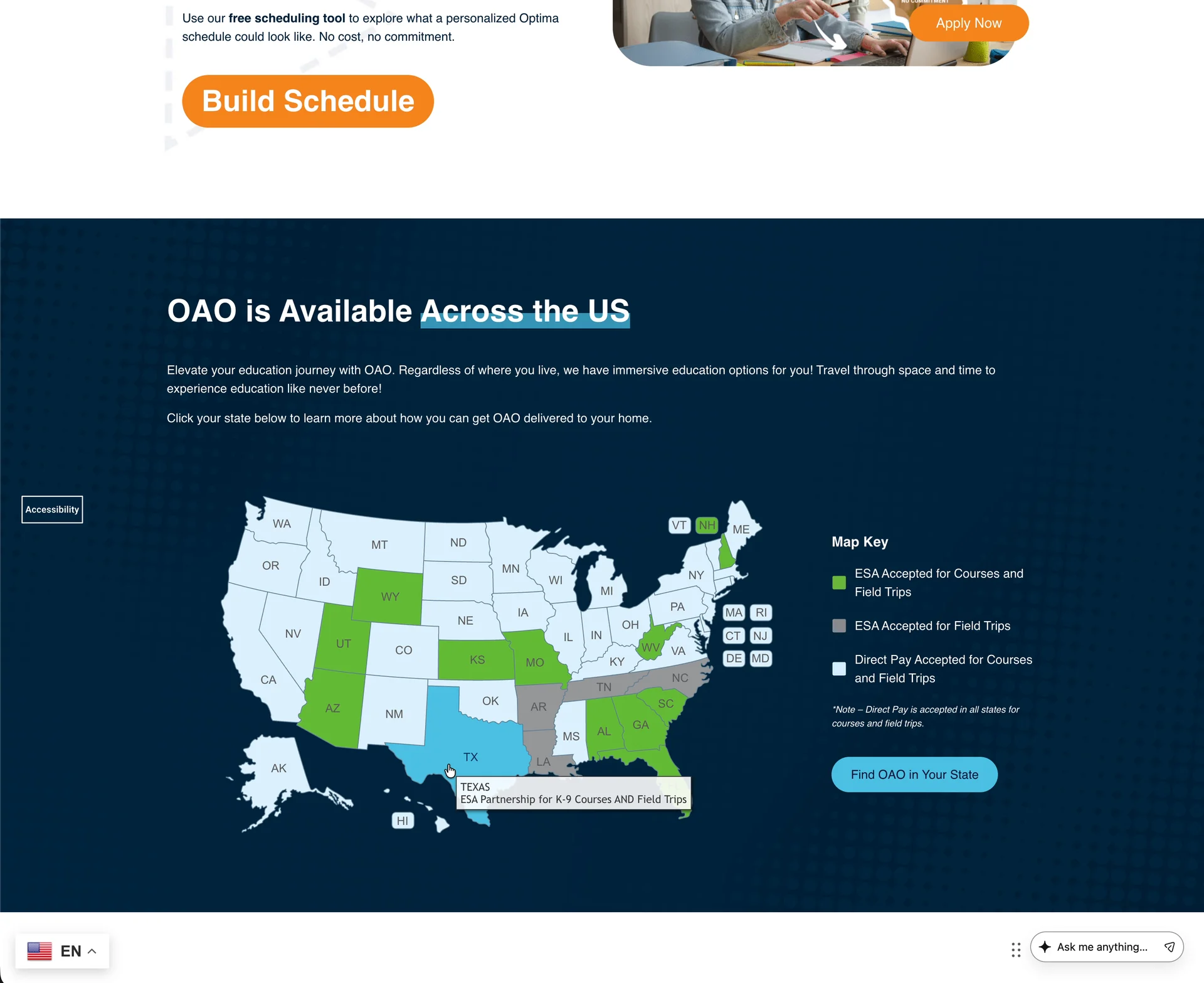 The OAO is Available Across the US section: a map of the United States with states shaded by what is accepted there, a map key for ESA accepted for courses and field trips, ESA accepted for field trips, and direct pay, a tooltip over Texas, and a Find OAO in Your State button.