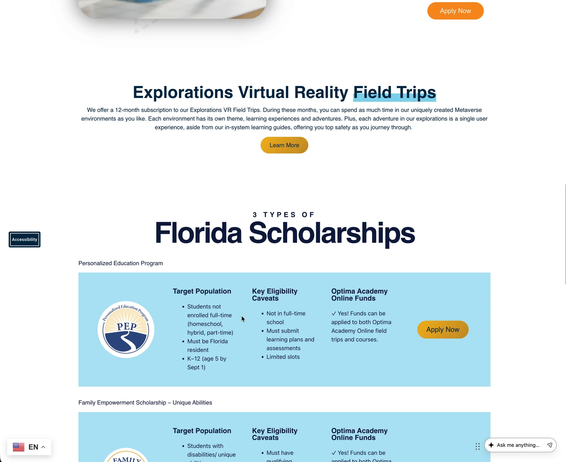 The Explorations Virtual Reality Field Trips section above a Florida Scholarships comparison listing target population, key eligibility caveats, and Optima Academy Online funds for each scholarship.