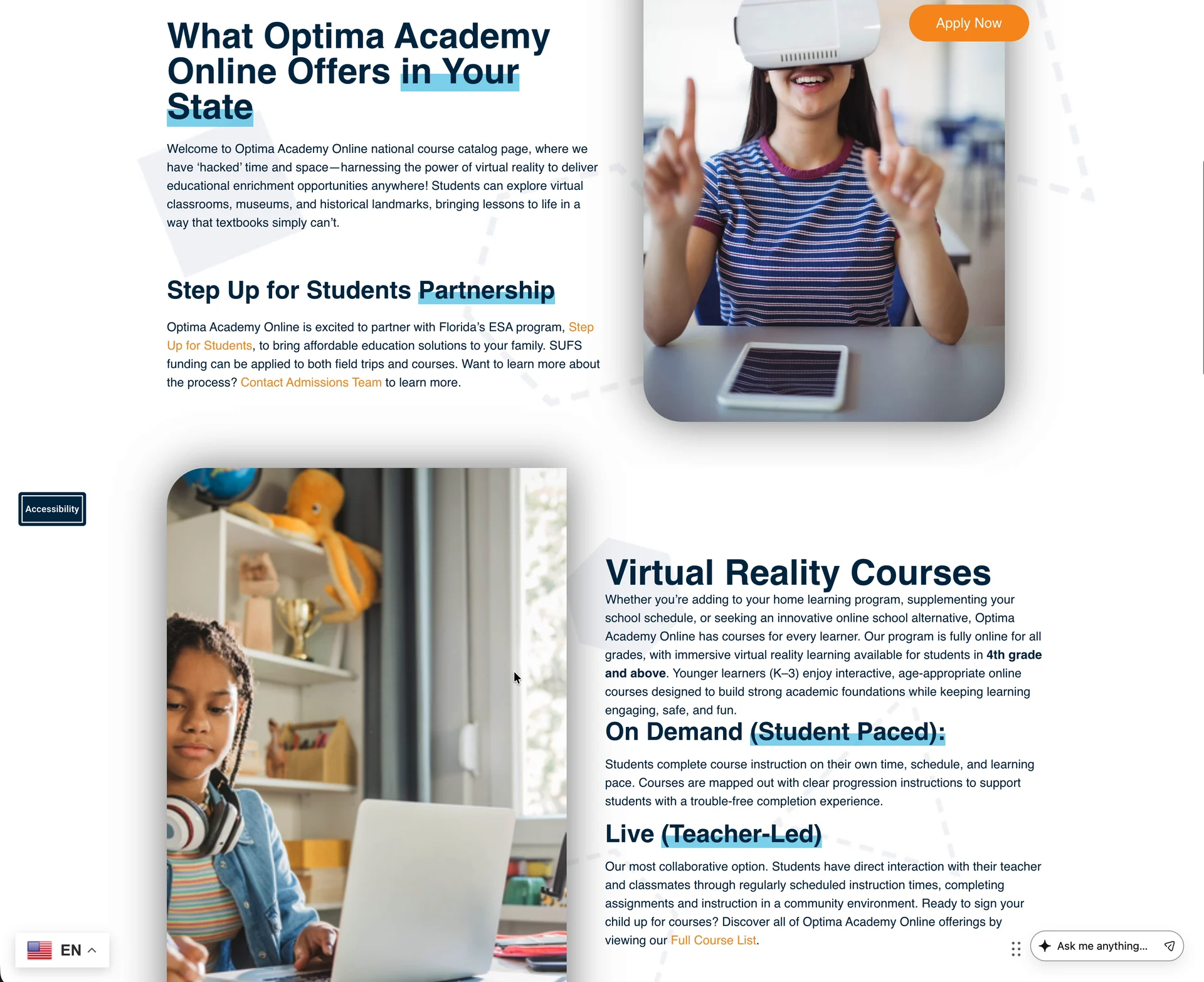 A state page section titled What Optima Academy Online Offers in Your State with a student in a VR headset, followed by Virtual Reality Courses describing on-demand student-paced and live teacher-led options.