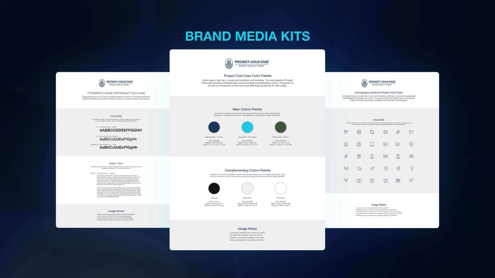 Brand media kit pages: a typography guide with Helvetica Neue header and body styles, the color palette page with Midnight Blue, Aquamarine and Moss Green plus Charcoal, Pearl White and Pure White, and an iconography guide with a grid of outline icons.