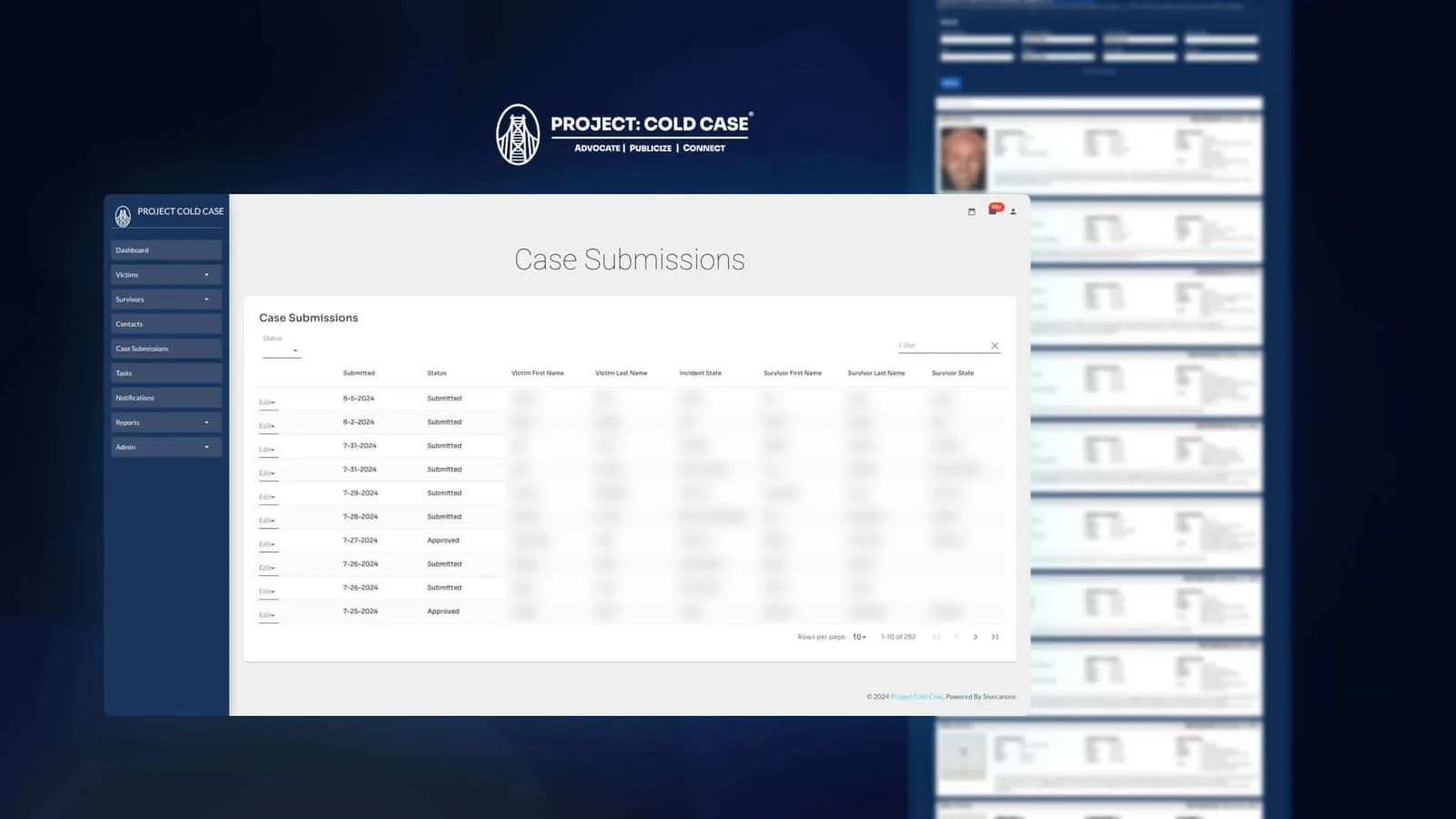 The Case Submissions screen in the web app: a sidebar with Dashboard, Victims, Survivors, Contacts, Case Submissions, Tasks, Notifications, Reports and Admin, and a paginated table of submissions with dates and statuses. Victim and survivor names and states are blurred.