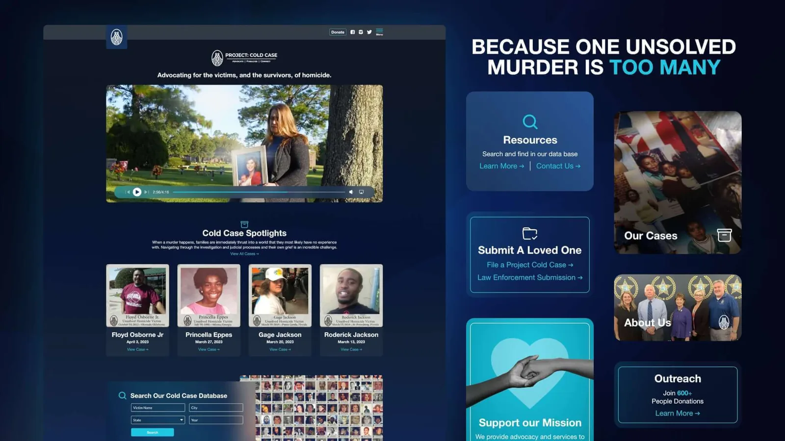 The Project Cold Case homepage design on a navy background: the logo and the line Advocating for the victims, and the survivors, of homicide above a video, Cold Case Spotlights cards, and a database search. Beside it, the headline Because one unsolved murder is too many with cards for Resources, Submit a Loved One, Our Cases, About Us, Support our Mission, and Outreach.