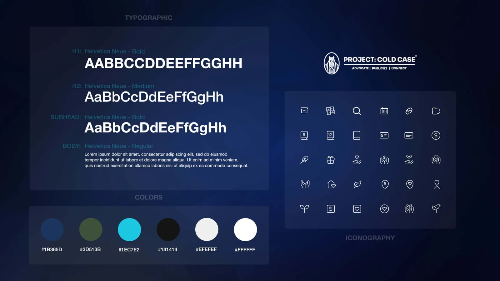 Brand sheet on navy: Helvetica Neue Bold, Medium and Regular samples for H1, H2, subhead and body, six color swatches with hex codes, the white Project Cold Case logo, and a grid of outline icons.