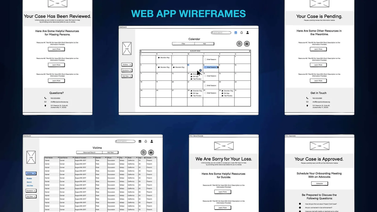 Web app wireframes: status pages for Your Case Has Been Reviewed, Your Case is Pending, We Are Sorry for Your Loss, and Your Case is Approved, each with resource links and contact details, plus a calendar view of grief sessions and a victims table with advanced search.