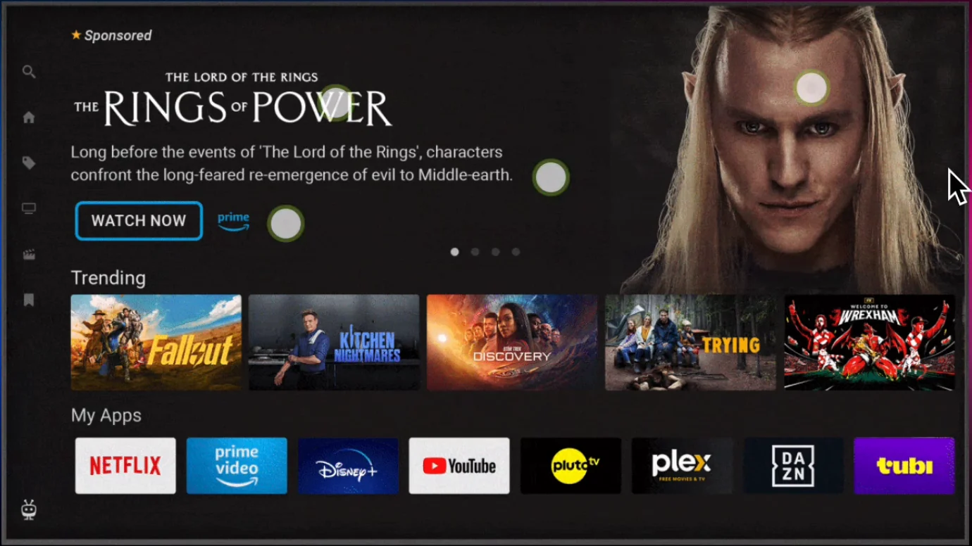 The TiVo home screen hero promoting The Lord of the Rings: The Rings of Power, with trending titles and app tiles below.