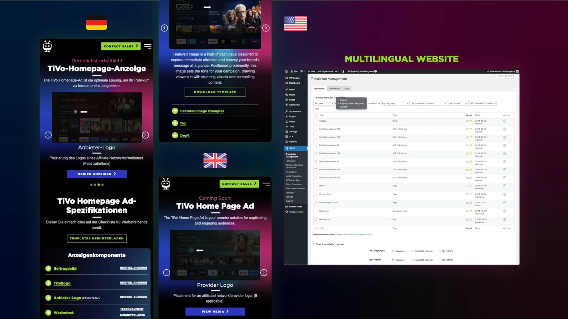 German and English versions of the hub on mobile, next to the WordPress admin's WPML Translation Management screen listing pages and ACF field groups for translation between English, English (United Kingdom), and German.