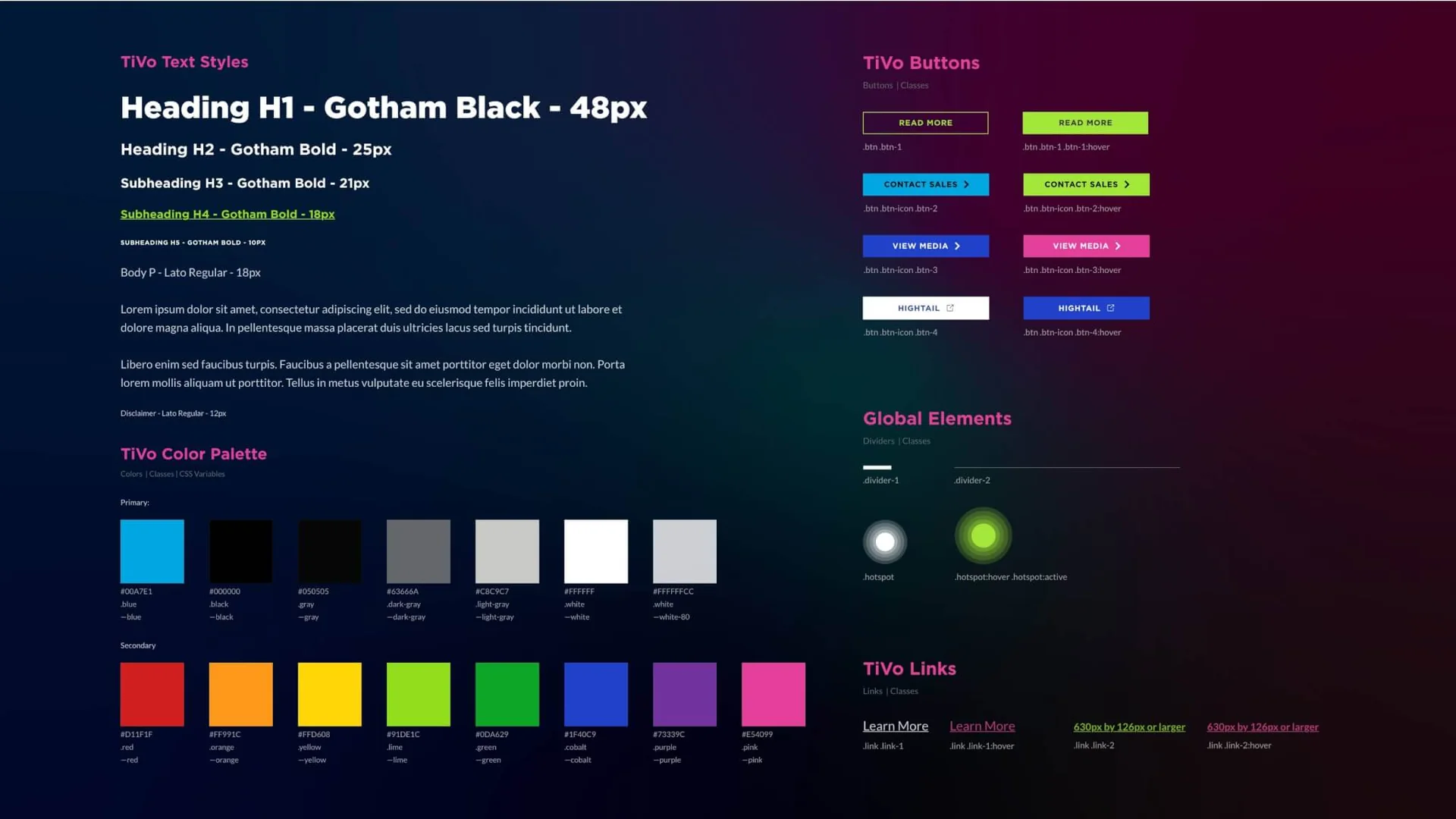 The TiVo digital style guide: Gotham and Lato text styles, primary and secondary color swatches with class names and CSS variables, button states, dividers, hotspot states, and link styles.