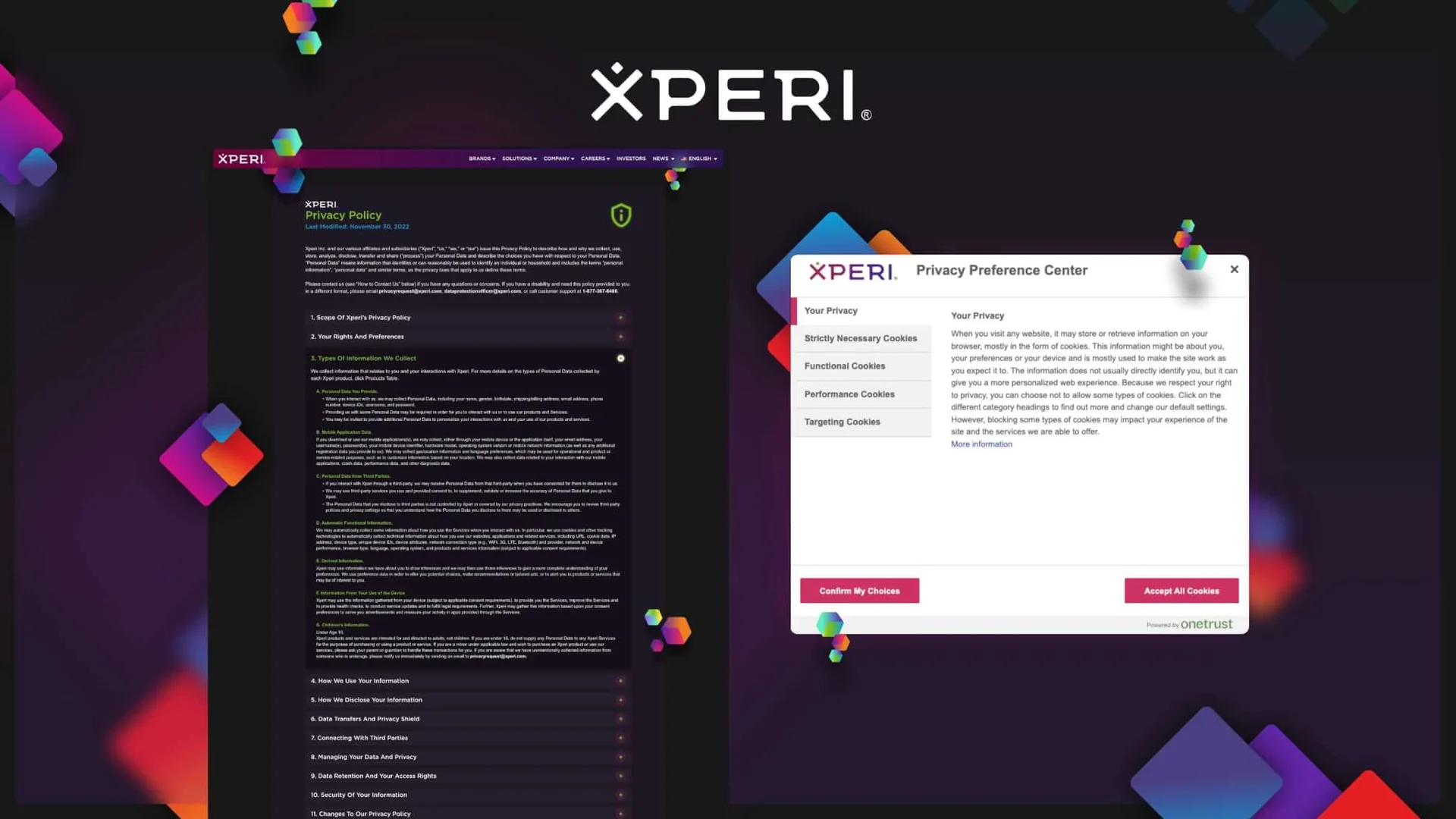The Xperi Privacy Policy page with numbered, expandable sections, beside a Privacy Preference Center dialog listing Your Privacy, Strictly Necessary, Functional, Performance, and Targeting Cookies with Confirm My Choices and Accept All Cookies buttons.