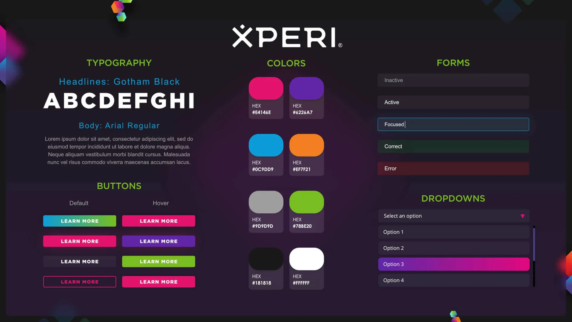 The Xperi style guide: Gotham Black headlines and Arial body text, an eight-color palette including #E4146E, #6226A7, #0C9DD9, #EF7F21, and #78BE20, gradient button states, form field states, and a dropdown.