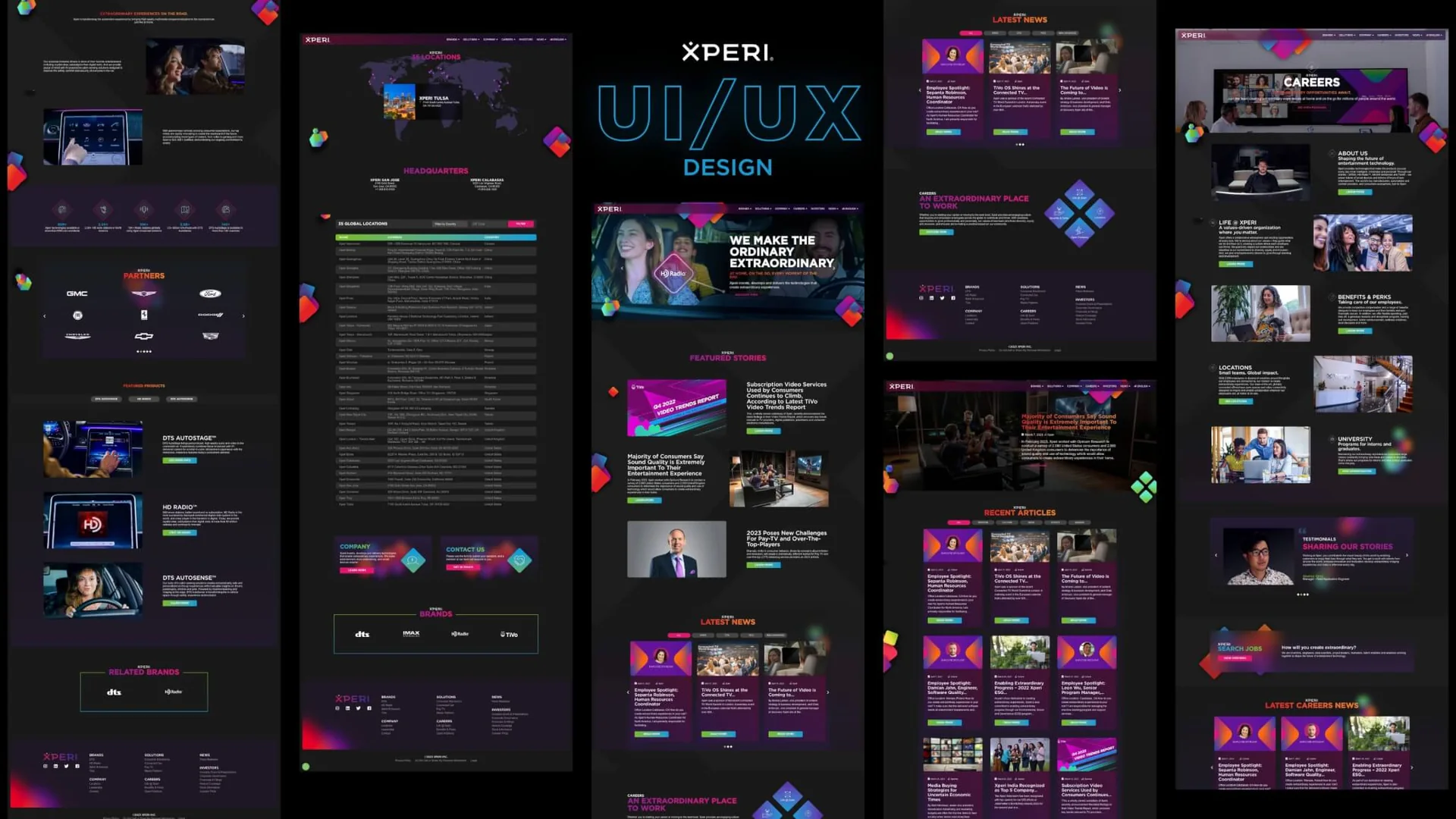 Five Xperi.com page designs side by side: a connected-car product page with partner logos, a global locations page with a map and office table, the homepage hero reading We Make the Ordinary Extraordinary, a news hub with article cards, and a careers page.
